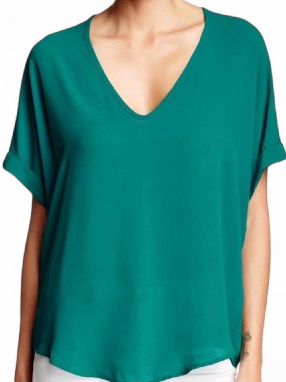 Lush V-Neck Flowy Chiffon Oversized Teal Tunic W/Cuffed Sleeves & Seam Detailing